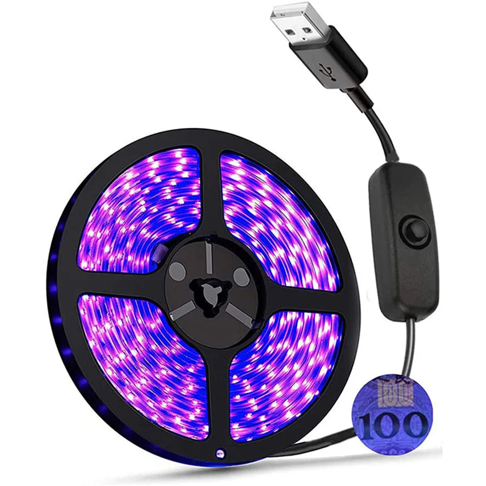 Bande LED UV 5V 395-405nm – 0,5M à 5M, 60LED/m SMD2835, lumière violette fluorescente USB avec interrupteur
