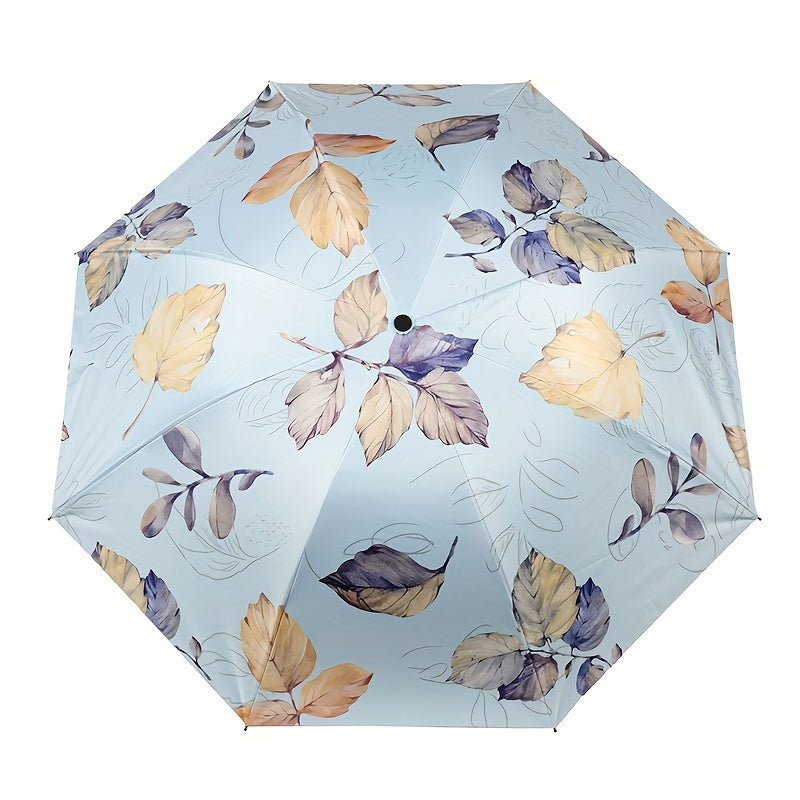 Parapluie pliant automatique à imprimé feuilles d'automne rétro avec protection UV