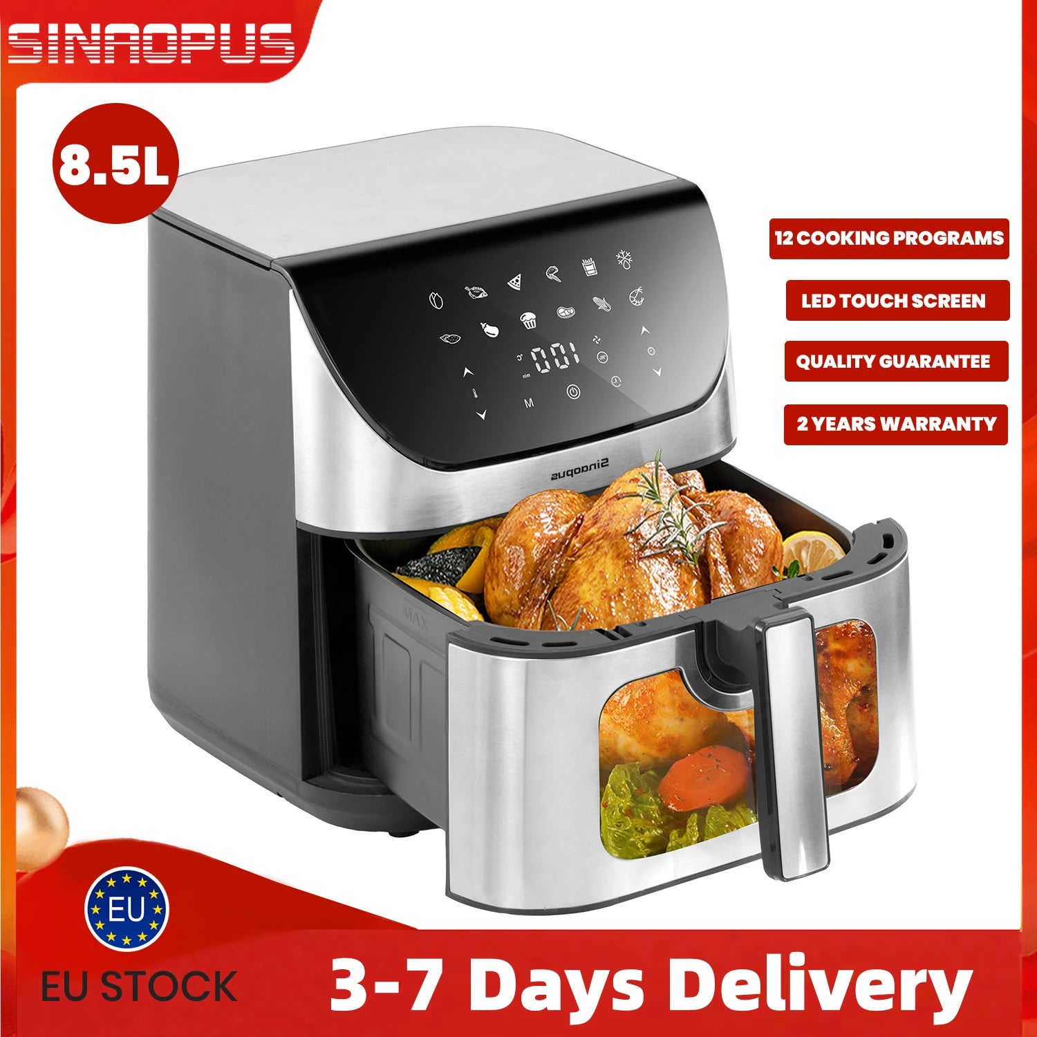 Friteuse à Air Chaud Sinaopus 8,5 L – Écran Tactile LED, Fenêtre de Visualisation, 12 Programmes Automatiques