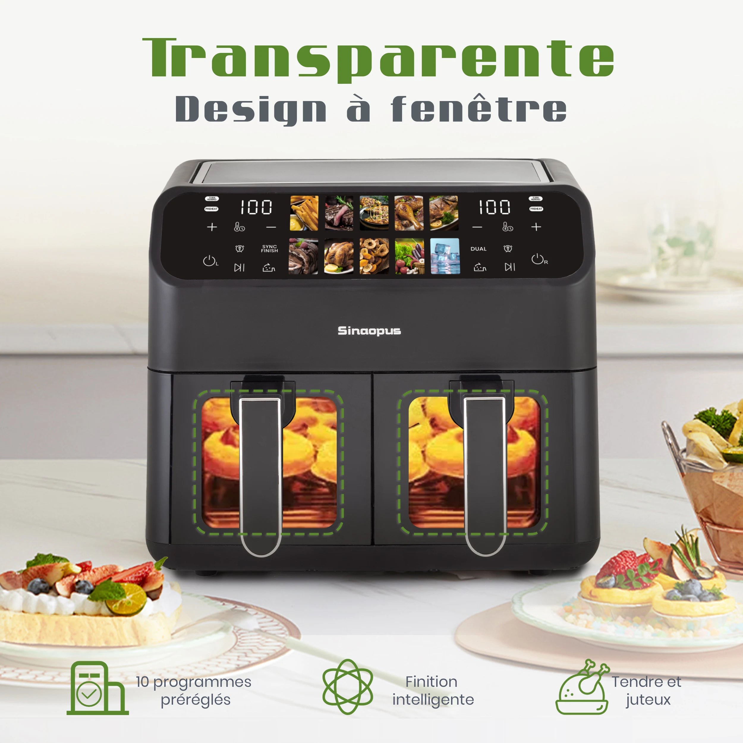 Friteuse à Air Multifonction Double Panier 9L – Écran LED Tactile, Fenêtre de Visualisation, Cuisson Sans Huile
