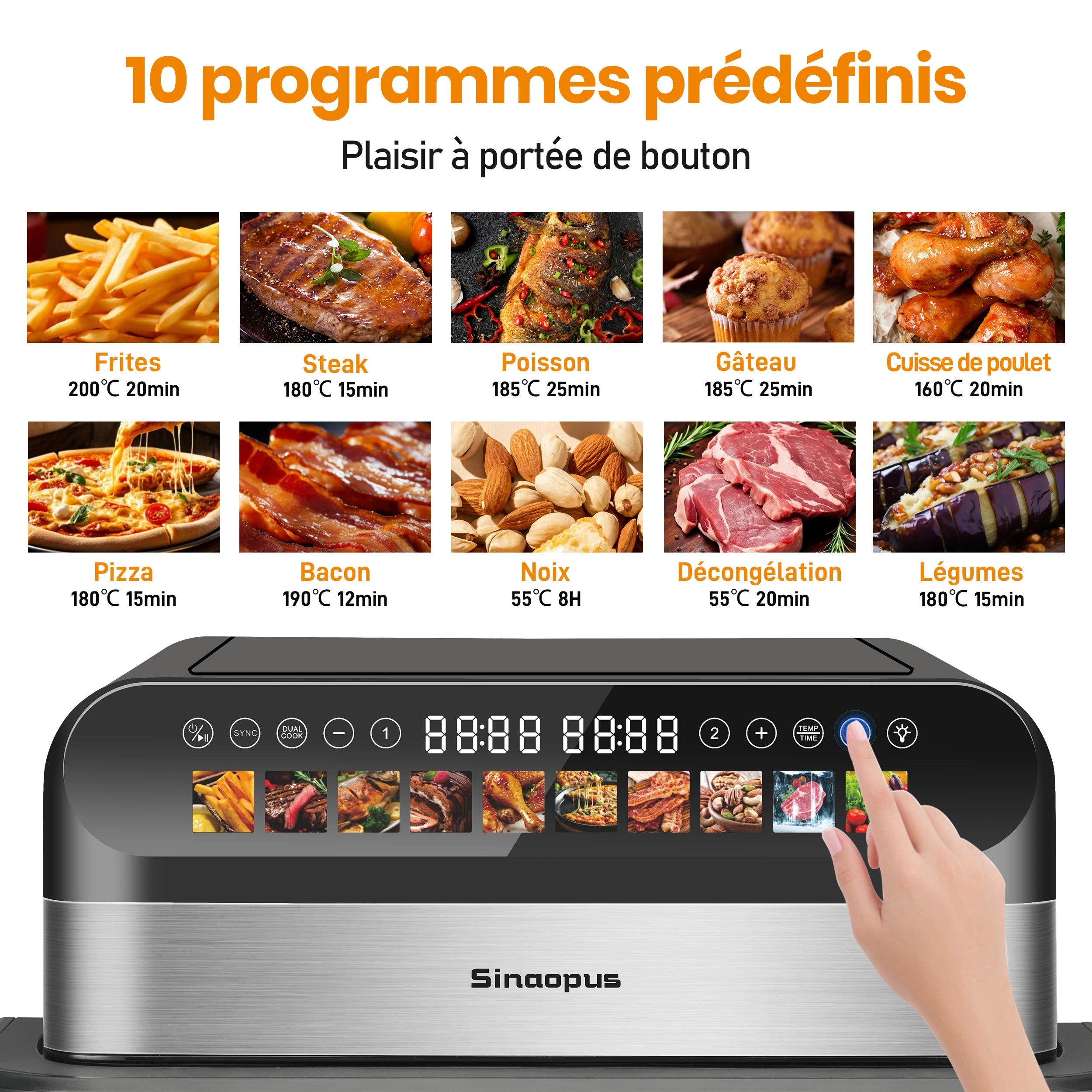 Air Fryer Four à friteuse à air à double panier de taille familiale 10L, cuiseur sans huile avec commande tactile LED et fenêtre de visualisation, machine intelligente pour friteuses à air