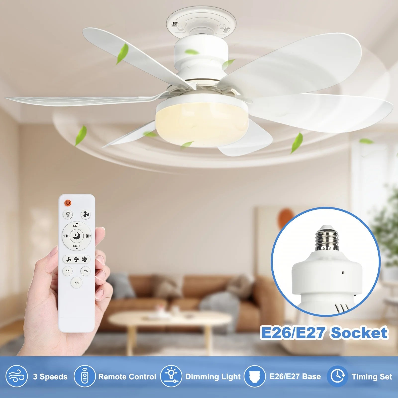 Ventilateur de plafond LED 40W avec douille E27, 21,5 pouces (55 cm), avec lumière et télécommande