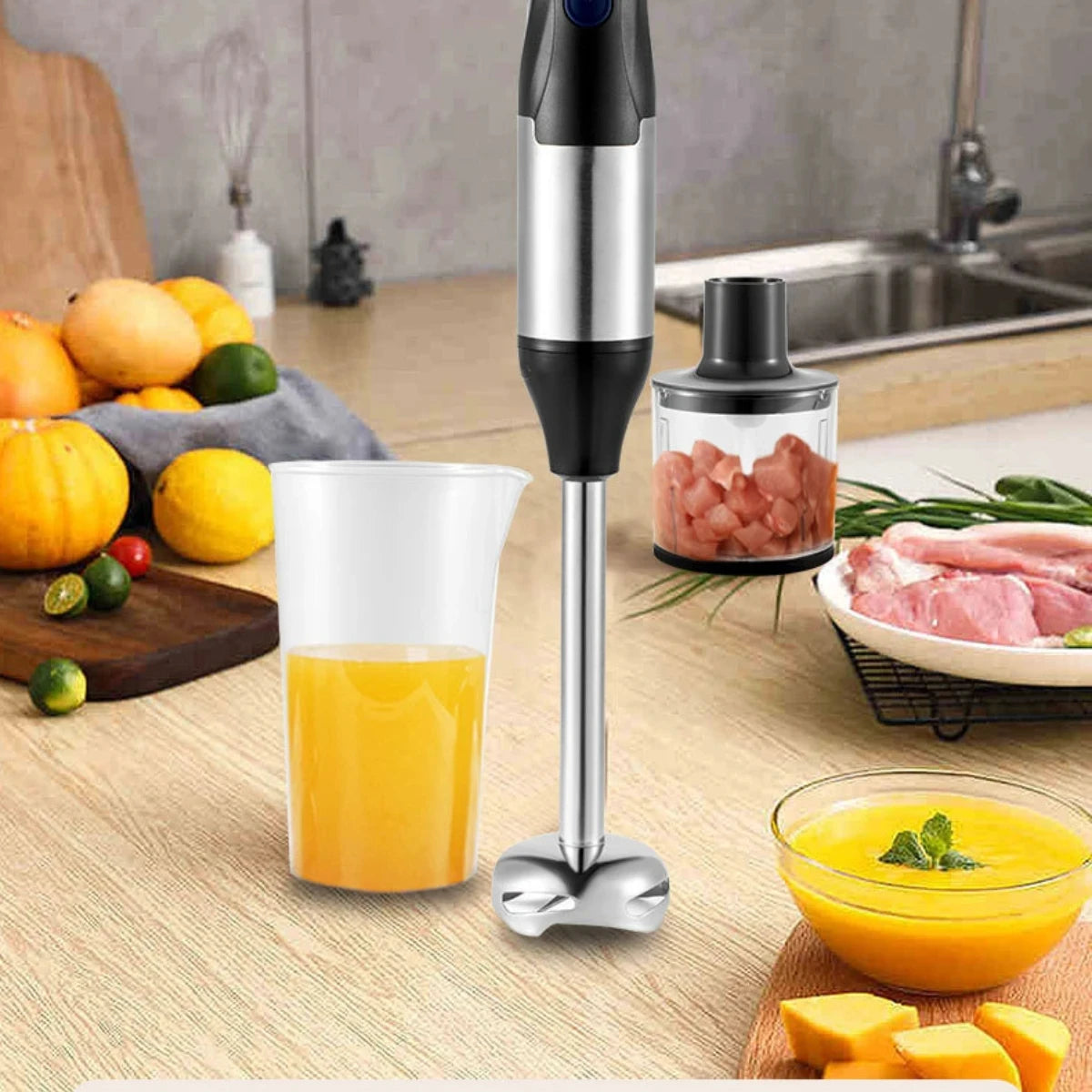 Mixeur Plongeant 4 en 1 – 1000 W, Acier Inoxydable, Bécher 700 ml &amp; Bol Hachoir 500 ml, Fouet Inclus