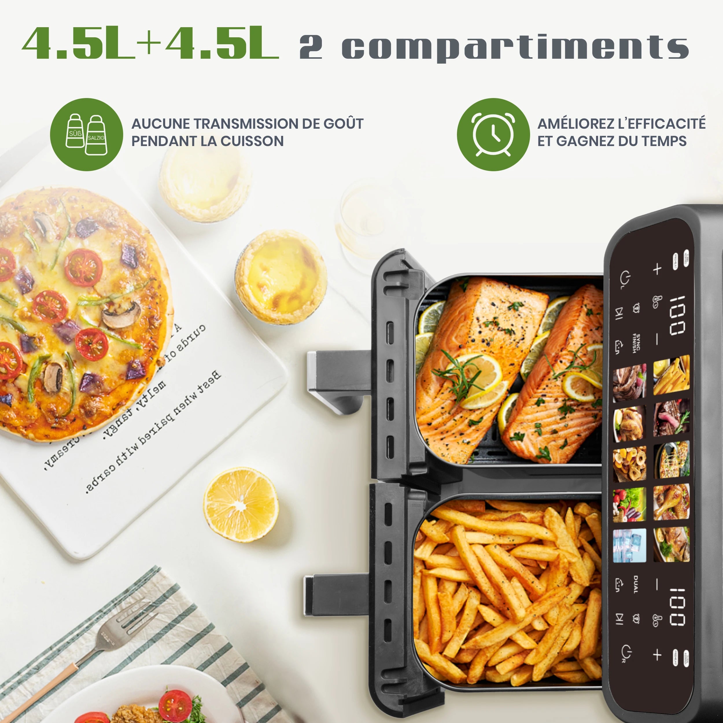 Friteuse à Air Multifonction Double Panier 9L – Écran LED Tactile, Fenêtre de Visualisation, Cuisson Sans Huile