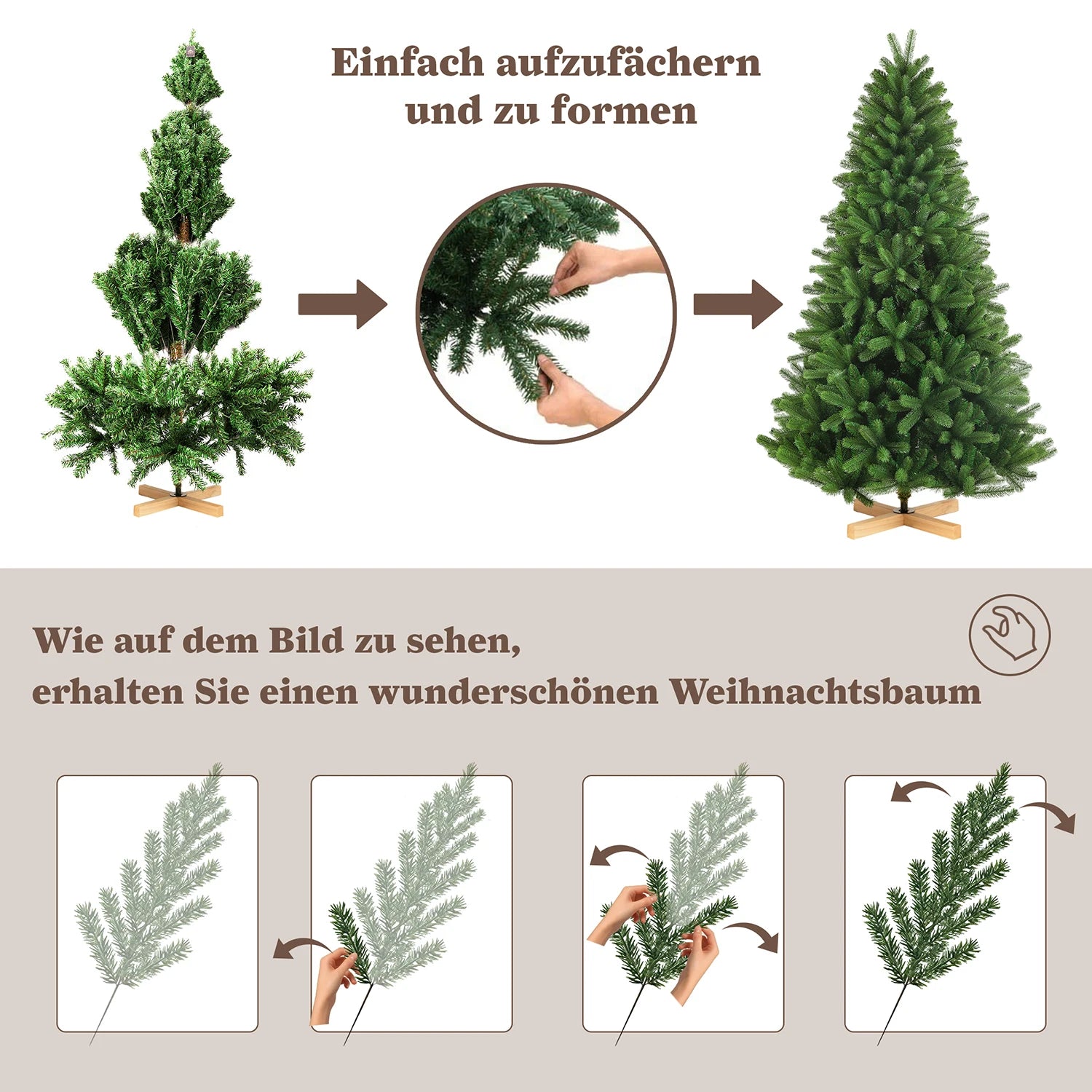 Artificial Christmas tree 180 cm, 1180 tips, PVC + PE, wooden stand, foldable, indoor/outdoor decorations