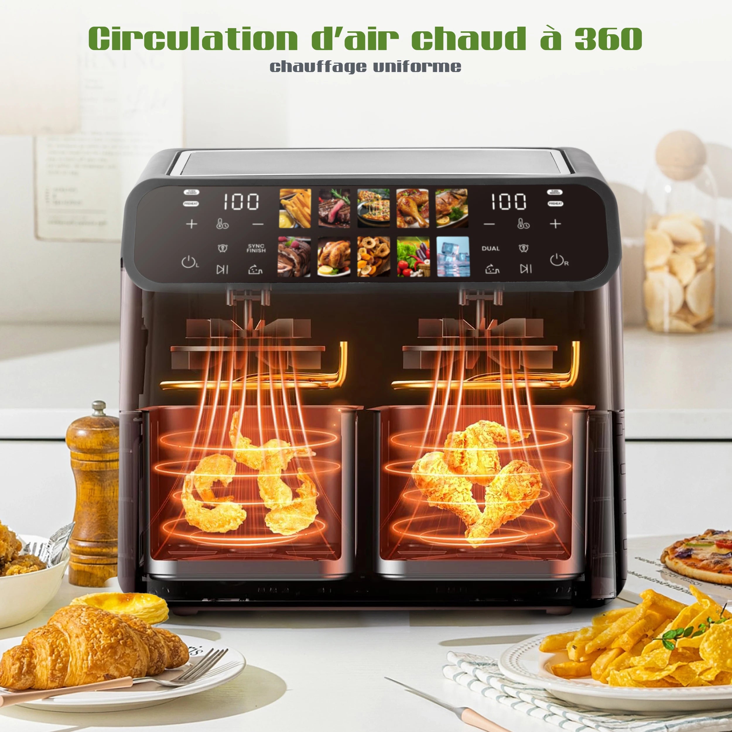 Friteuse à Air Multifonction Double Panier 9L – Écran LED Tactile, Fenêtre de Visualisation, Cuisson Sans Huile