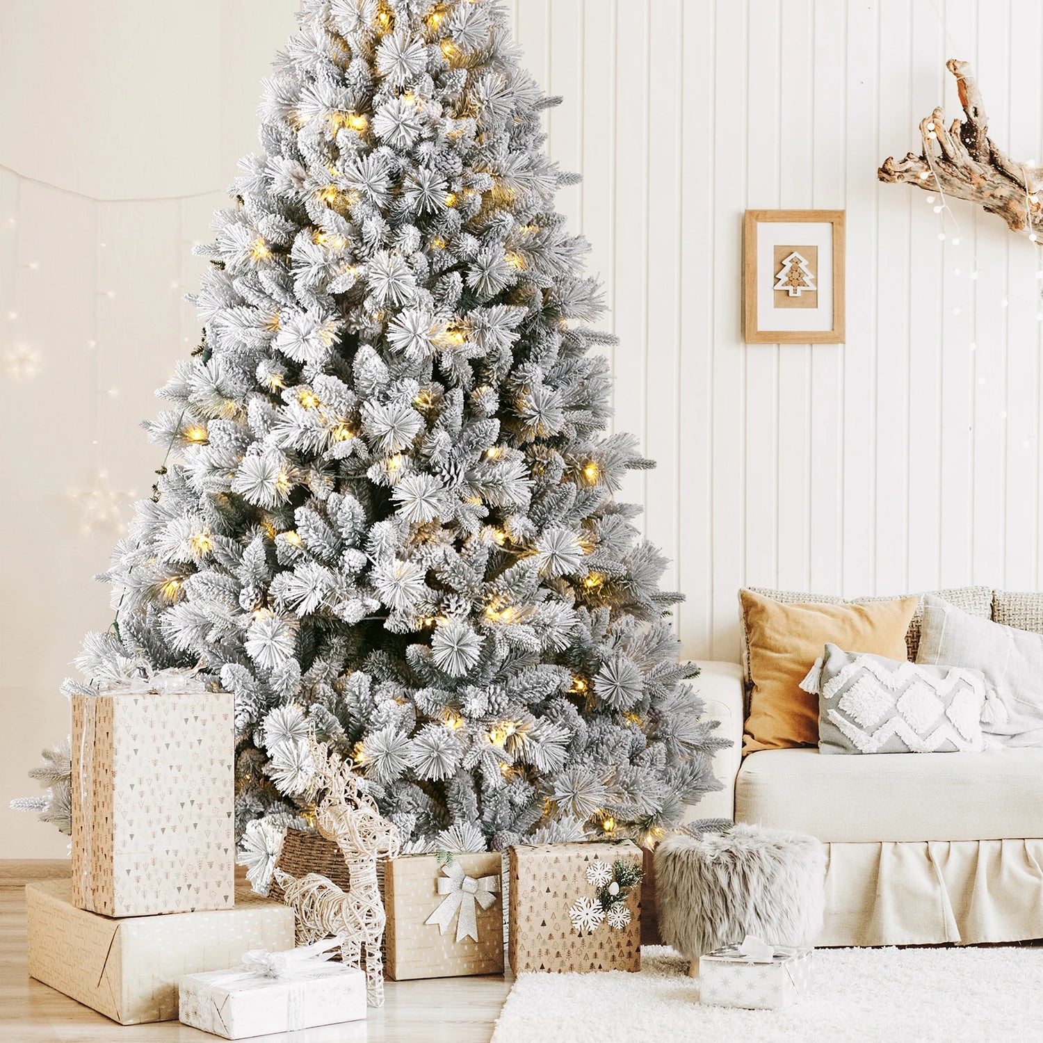 Arbre de Noël Artificiel Neige Blanche – PVC+PE, LED Blanc Chaud, Support Métallique
