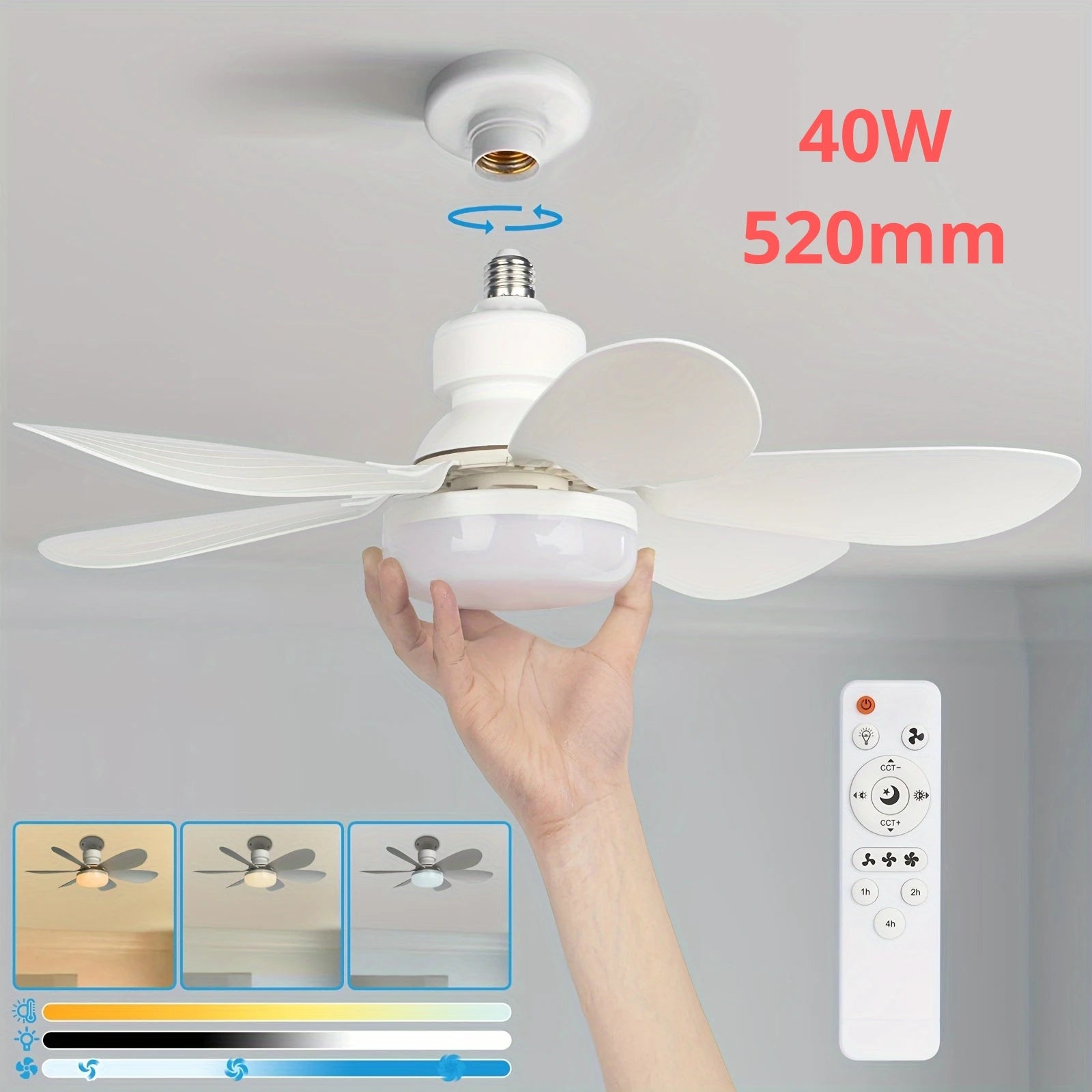 Ventilateur de plafond LED 40W avec douille E27, 21,5 pouces (55 cm), avec lumière et télécommande