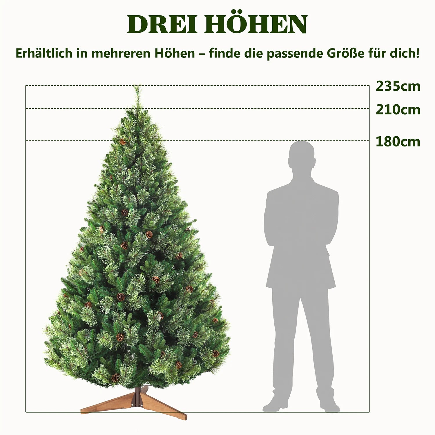 Arbre de Noël Artificiel PVC+PE – 180/210/235 CM, LED, Support Bois