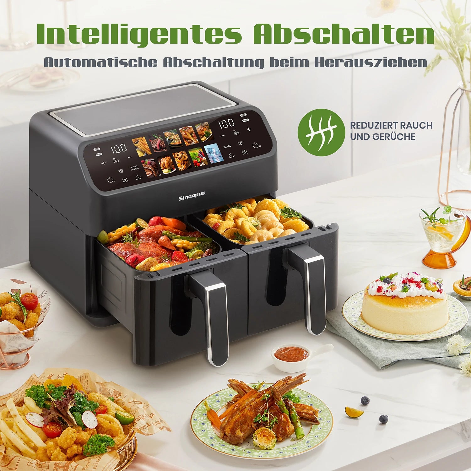 Air Fryer Sinaopus 2000W XXL 9L – Friteuse à air chaud double panier avec écran tactile LED et 10 programmes