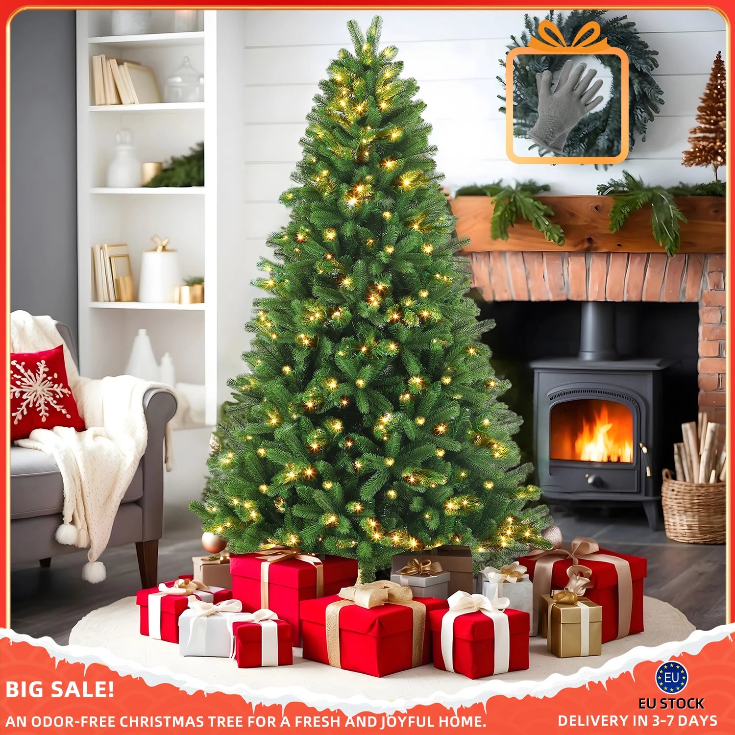 Arbre de Noël Artificiel avec Lumières LED – 180/210/235 cm, PVC & PE, Pied en Bois