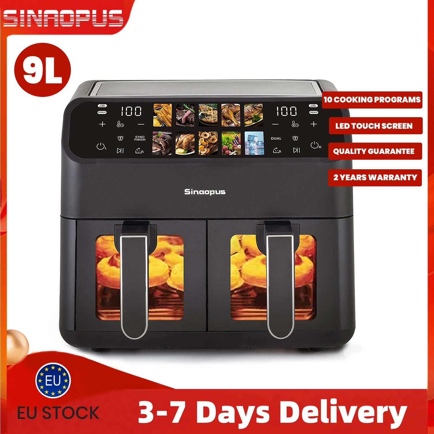 Friteuse à Air Multifonction Double Panier 9L – Écran LED Tactile, Fenêtre de Visualisation, Cuisson Sans Huile