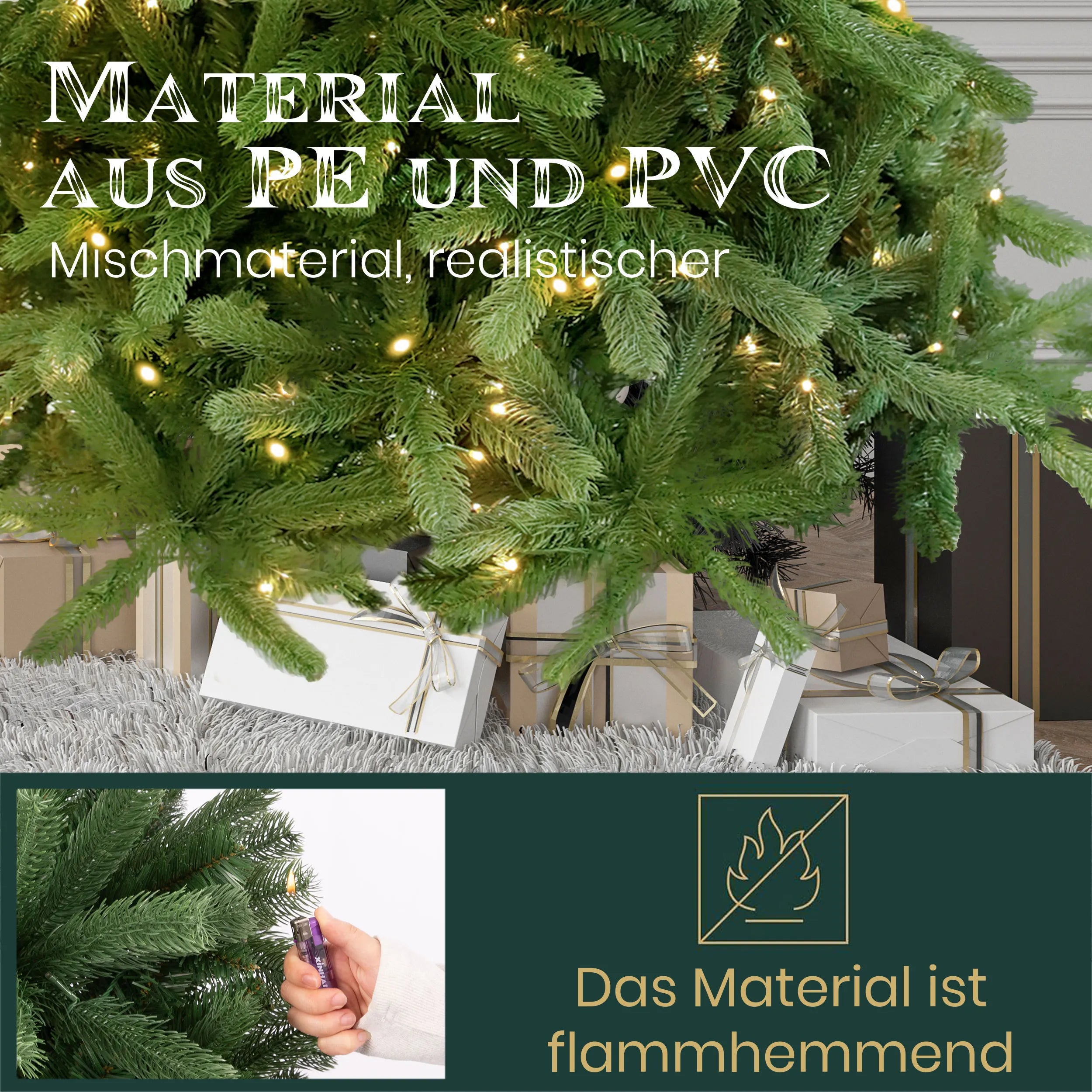 Arbre de Noël Artificiel avec Lumières LED – 180/210/235 cm, PVC & PE, Pied en Bois