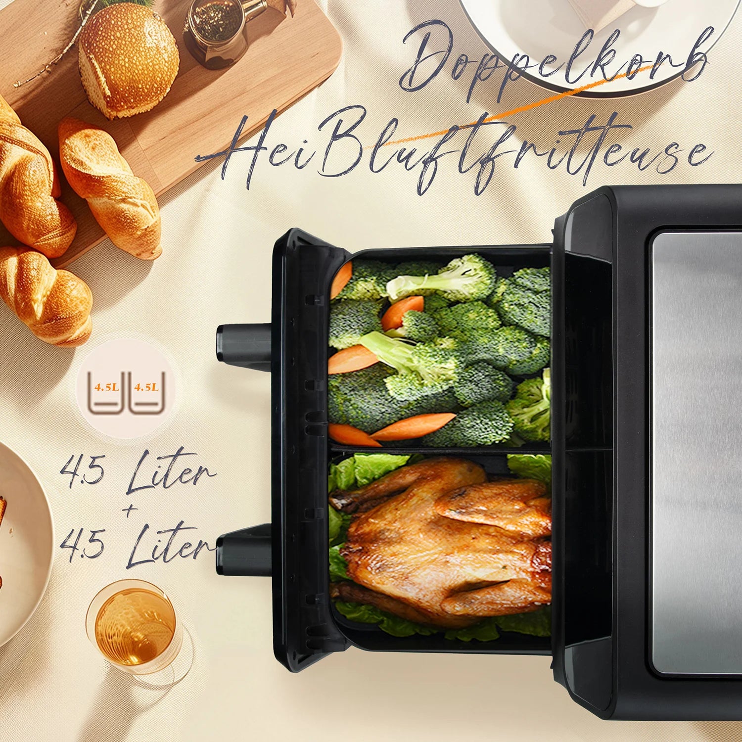 Air Fryer Friteuse à air chaud double panier Sinaopus 9 L – 2200 W, écran tactile LED, 10 programmes, mode double ou grande chambre