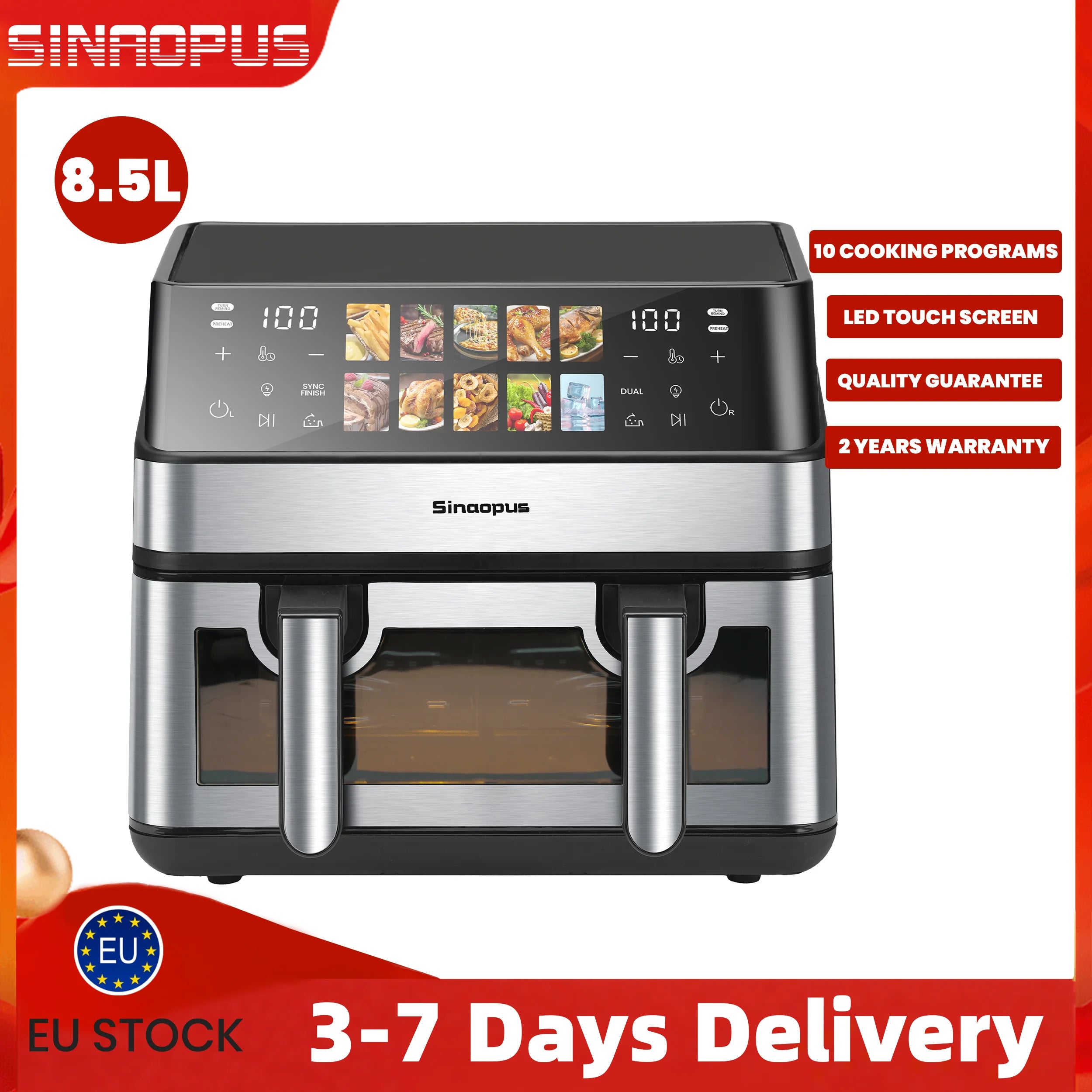 Friteuse à Air Chaud 8,5 L 2000 W – LED Tactile, 10 Programmes, Sans Huile, Familiale