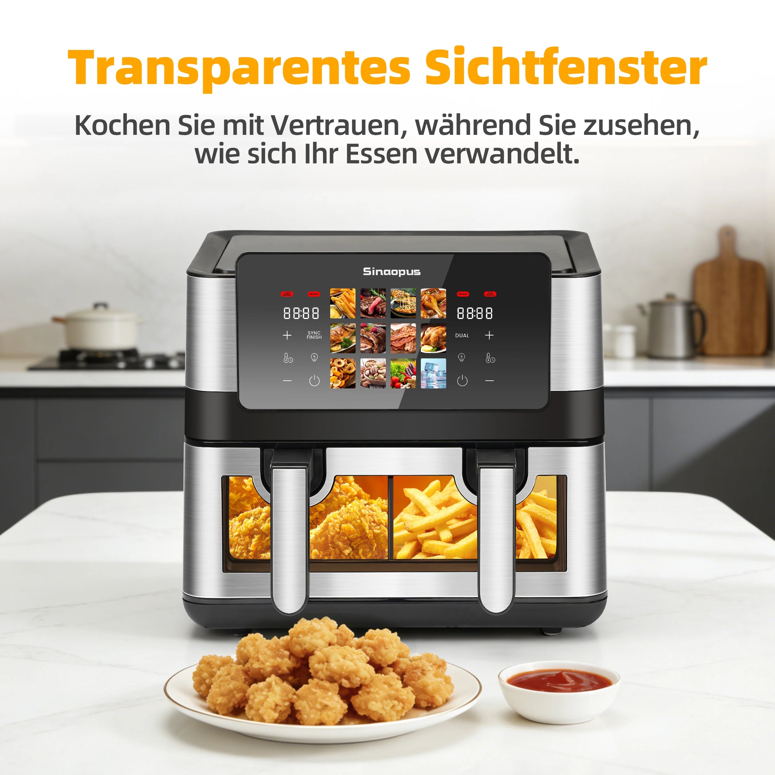 Friteuse à Air Chaud Double Panier Sinaopus 8,5 L – 2000 W, Écran Tactile LED, 12 Programmes, Fenêtre de Visualisation