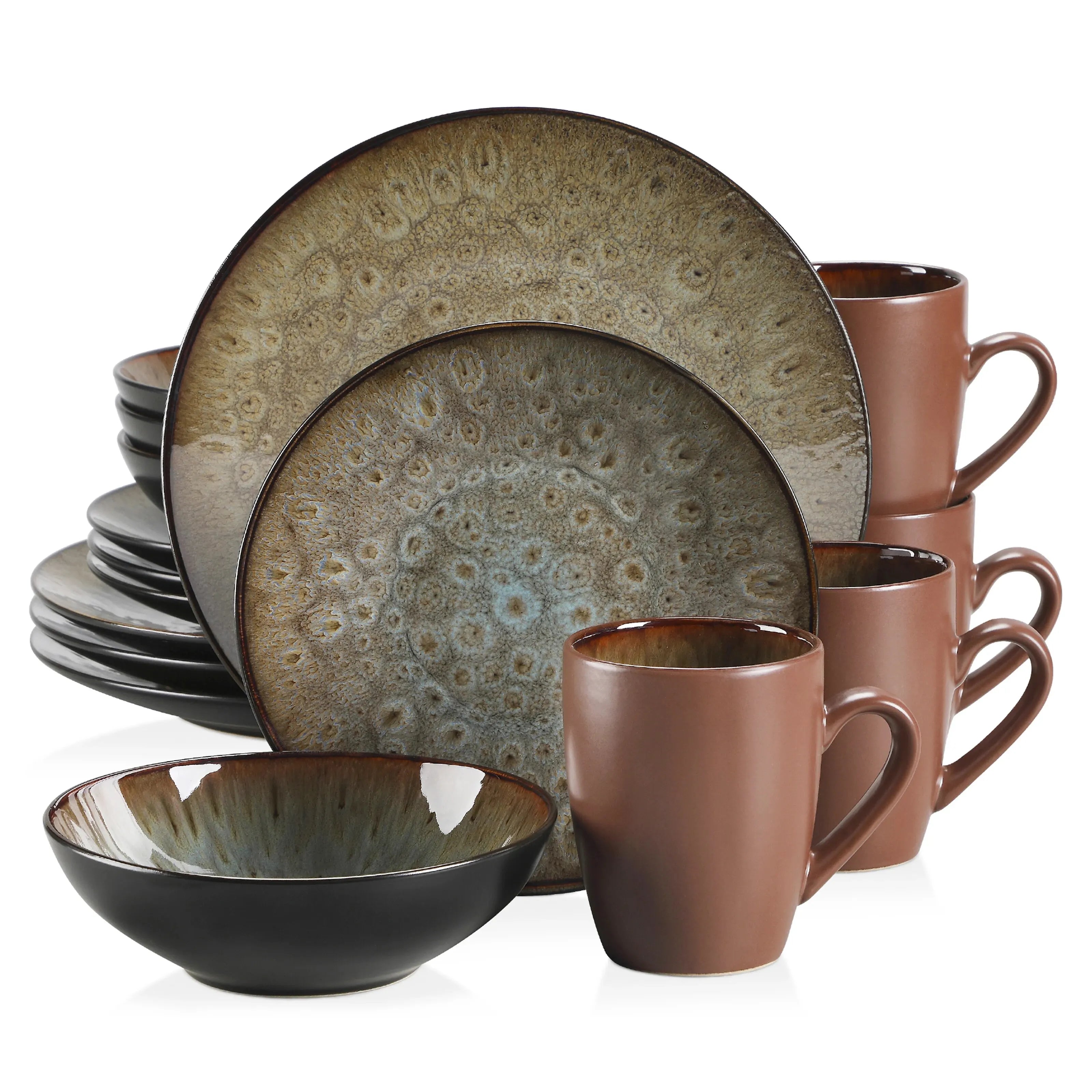 Plates, Vintage Ceramic Pieces, Service of 16/32/48 Brown Stoneware, Set with dinner plates, 4 dessert plates, 4 coffee cups and 4 cereal bowls