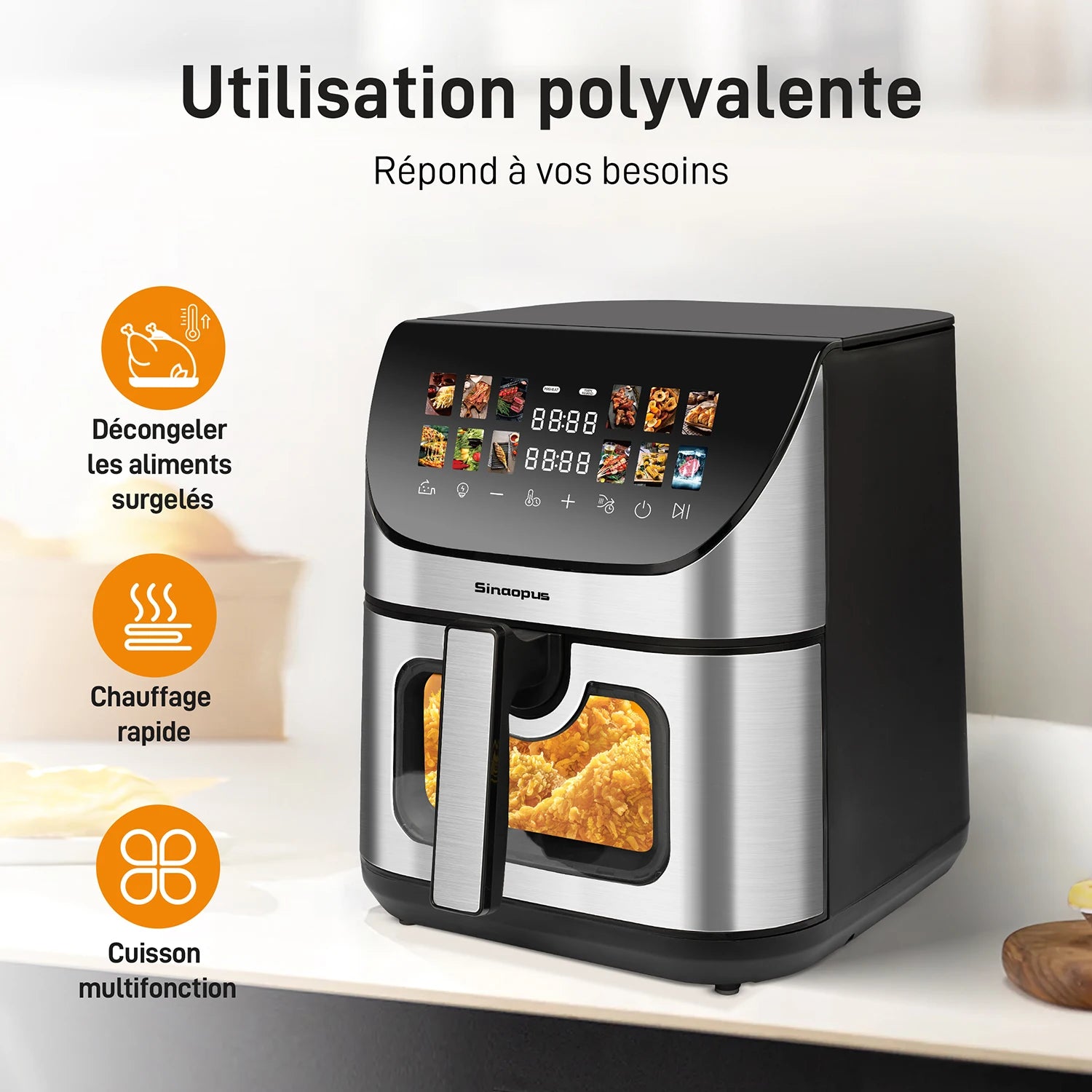 Friteuse à Air Chaud Multifonctionnelle Sinaopus 8,5 L – Panier Unique, Écran Tactile LED, Fenêtre de Visualisation