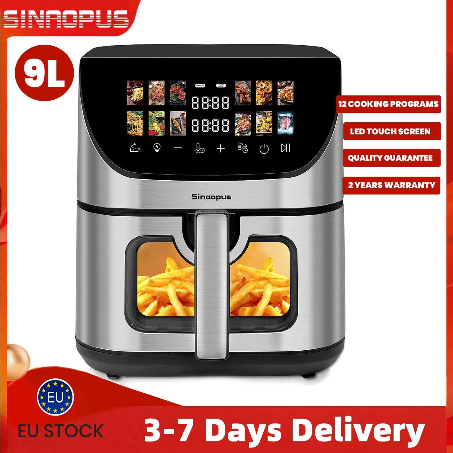 Friteuse à Air Multifonction Sinaopus 9 L – Écran Tactile LED, Fenêtre de Visualisation, Four Familial