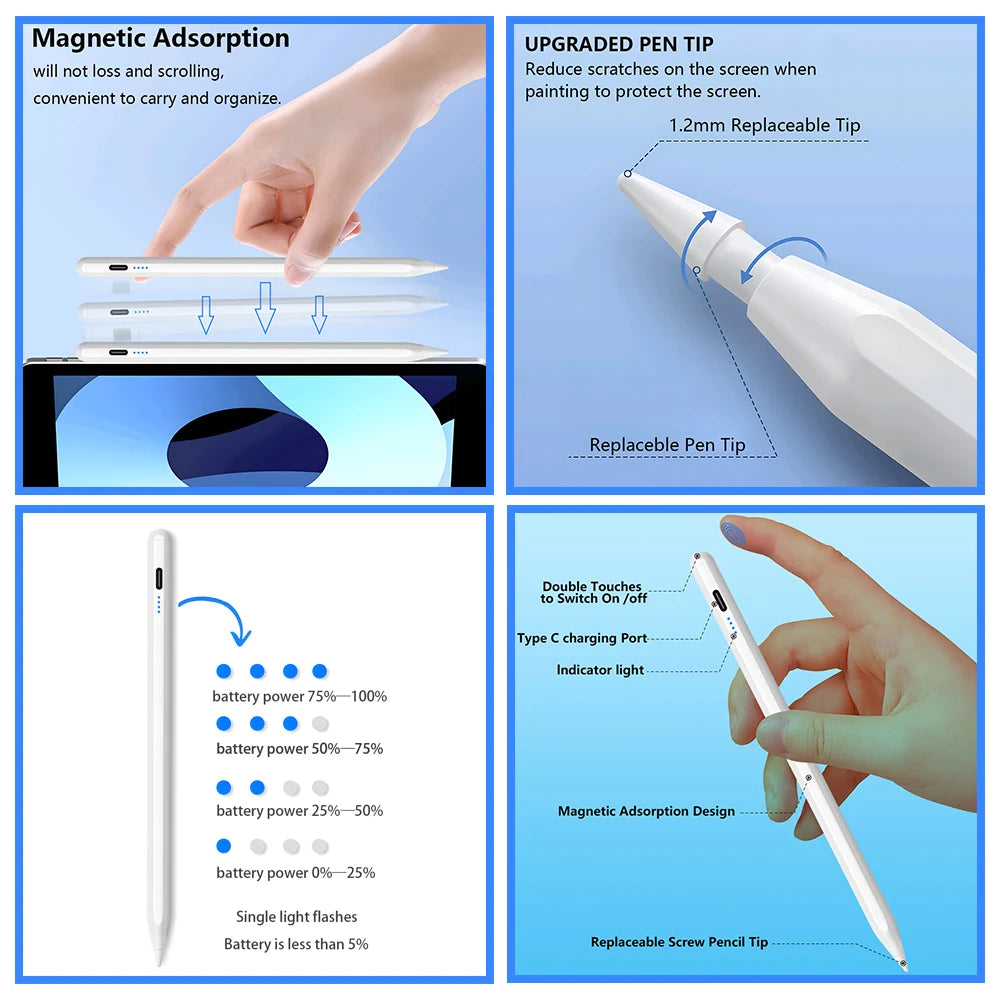 Stylus Pen for Apple iPad Palm Rejection Power Display