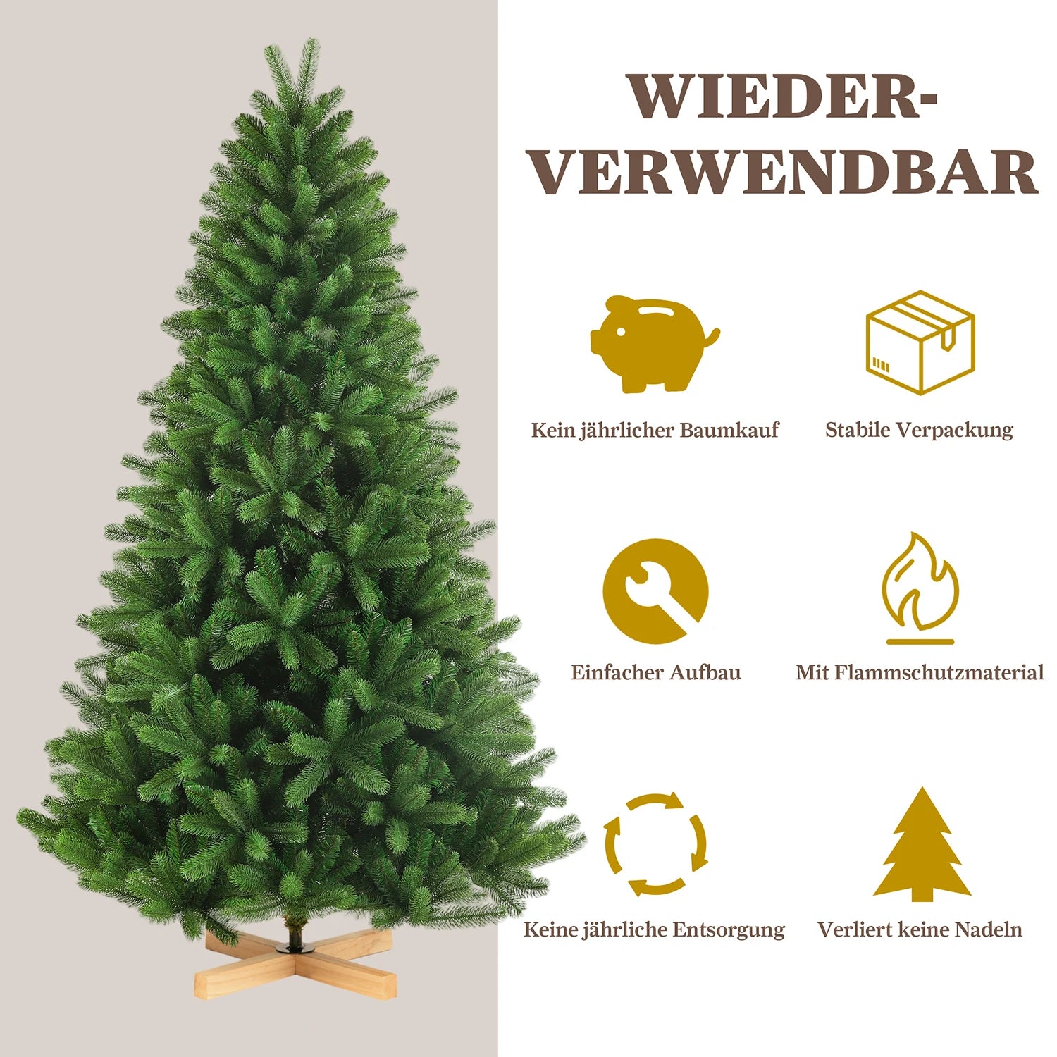 Artificial Christmas tree 180 cm, 1180 tips, PVC + PE, wooden stand, foldable, indoor/outdoor decorations