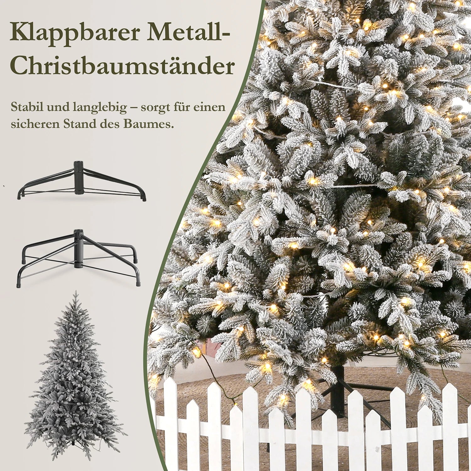 Arbre de Noël Artificiel Neige Blanche PVC+PE – 180/210 CM, LED, Support Métal