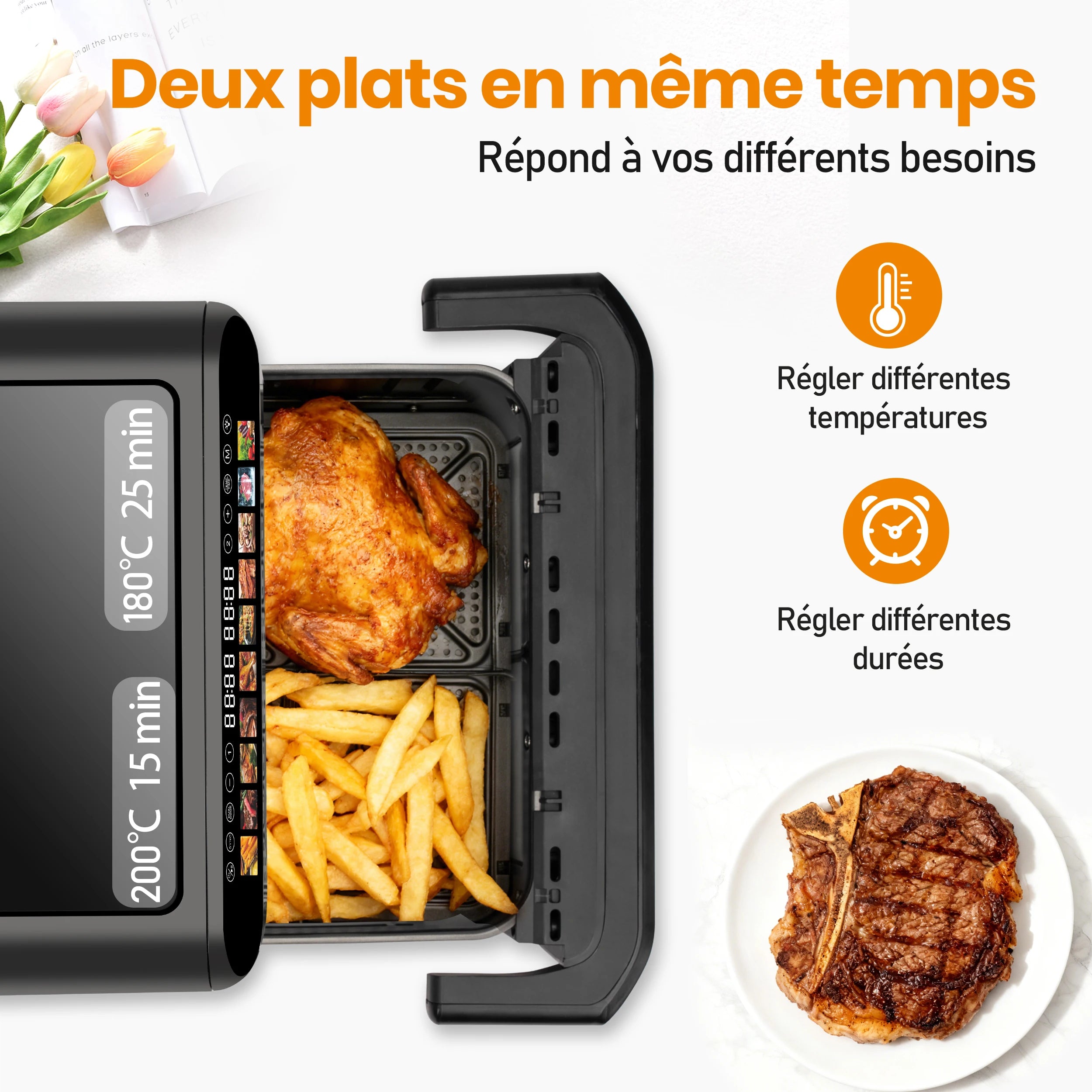 Air Fryer Four à friteuse à air à double panier de taille familiale 10L, cuiseur sans huile avec commande tactile LED et fenêtre de visualisation, machine intelligente pour friteuses à air