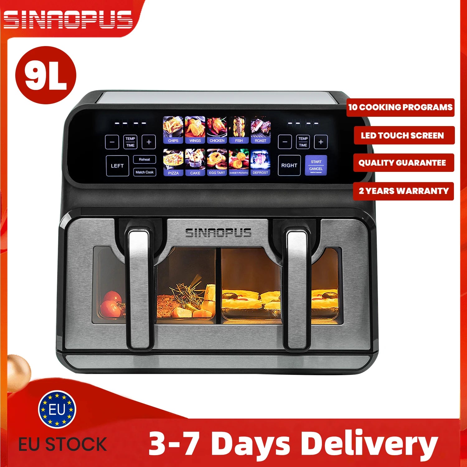 Air Fryer Friteuse à air chaud double panier Sinaopus 9 L – 2200 W, écran tactile LED, 10 programmes, mode double ou grande chambre