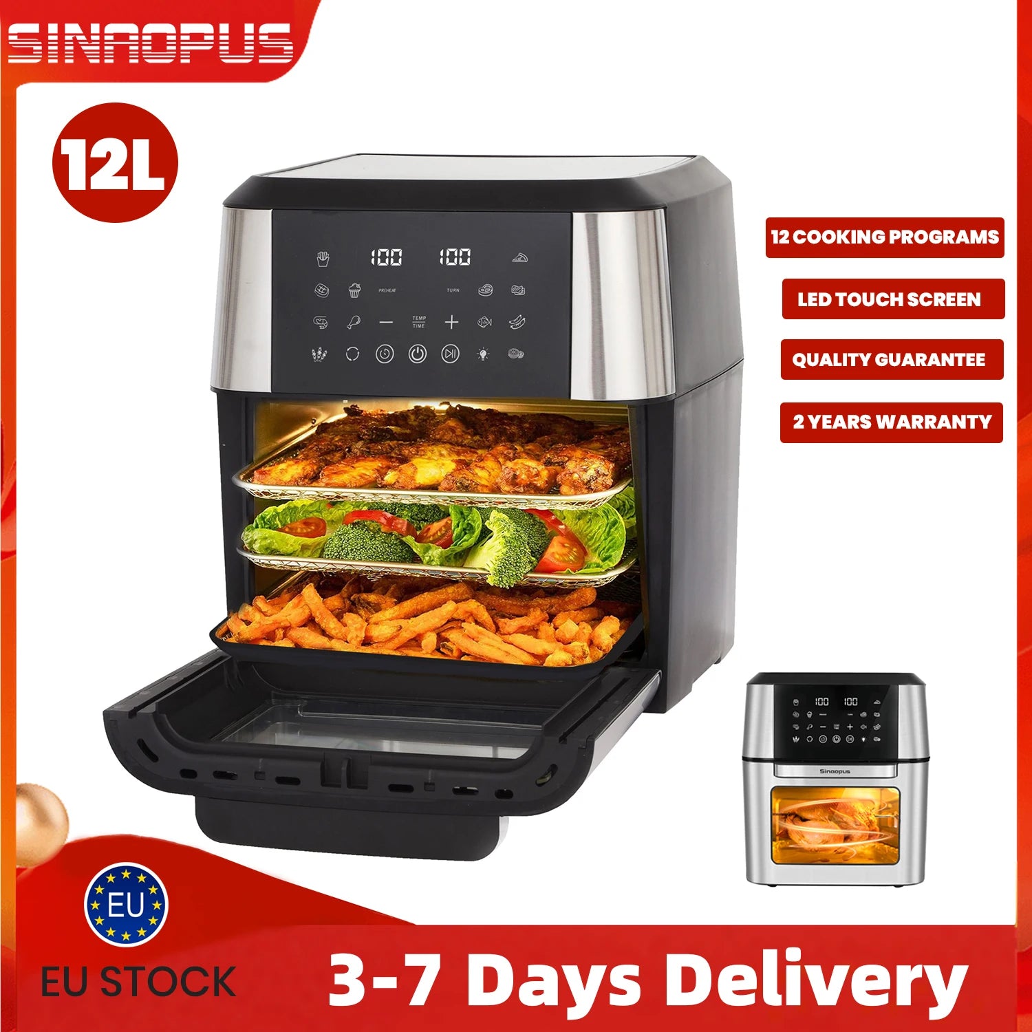 Friteuse à Air Chaud Sinaopus 12 L – Mini Four Intelligent avec Écran Tactile LED et Fenêtre de Visualisation