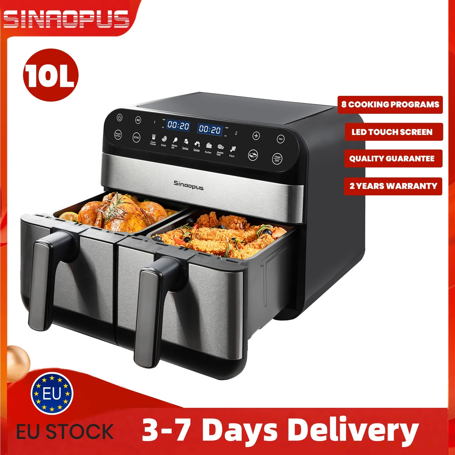 Friteuse à Air Chaud Sinaopus 10 L – Double Panier avec Écran Tactile LED et Cuisson Sans Huile