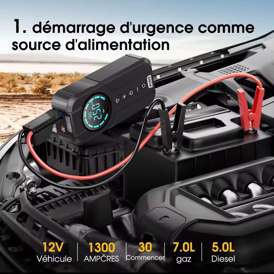 Booster multifonction 3-en-1 — Démarreur de batterie 2000A + Gonfleur de pneus + Lampe LED d'urgence