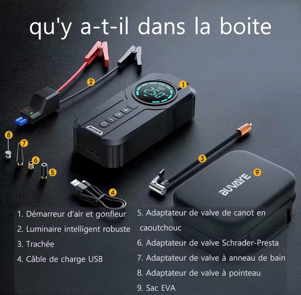 Booster multifonction 3-en-1 — Démarreur de batterie 2000A + Gonfleur de pneus + Lampe LED d'urgence