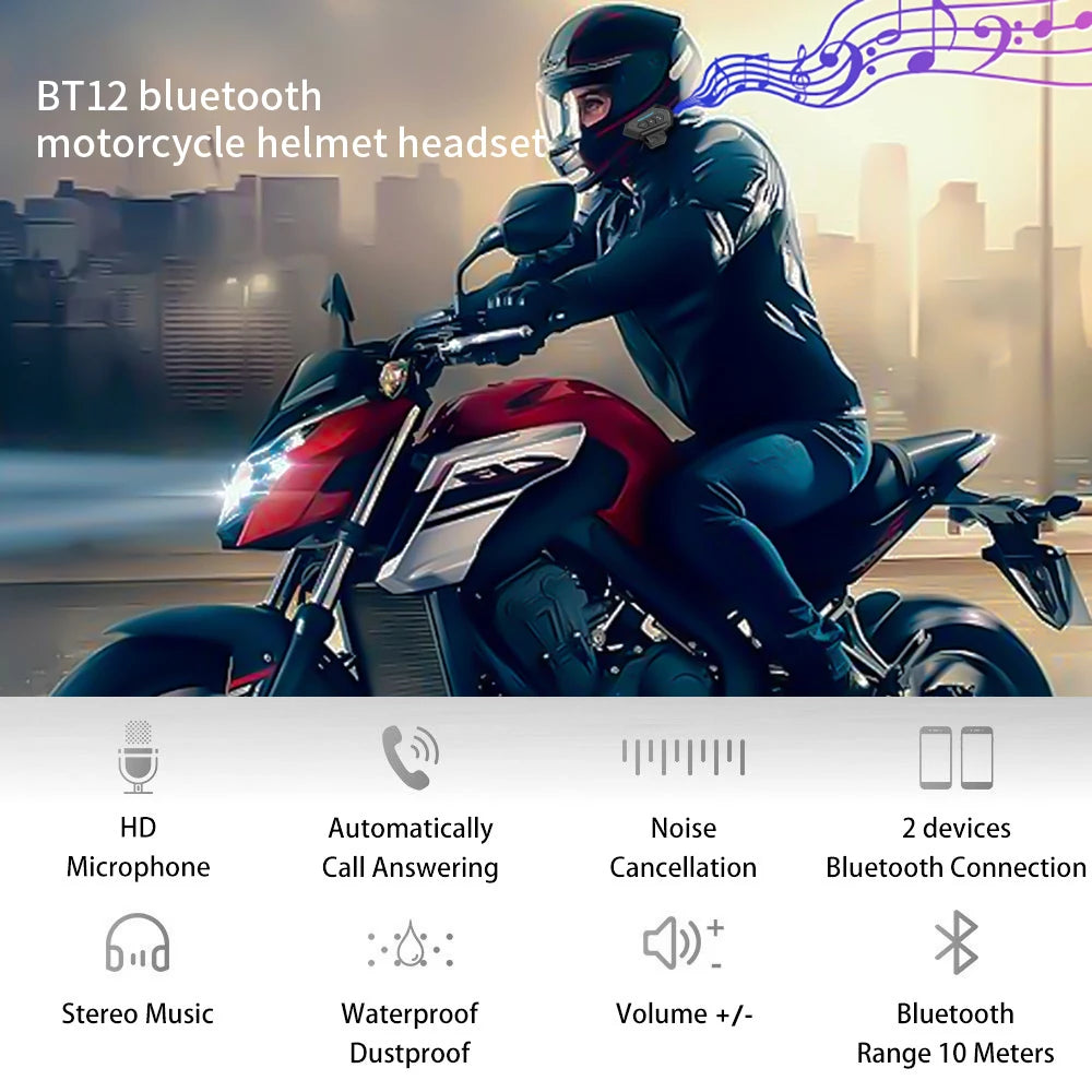 Motorcycle Bluetooth 4.2 Headset Helmet Communication Device Wireless BT Phone Stereo Hands-free Kit with Noise Reduction Microphone T2 