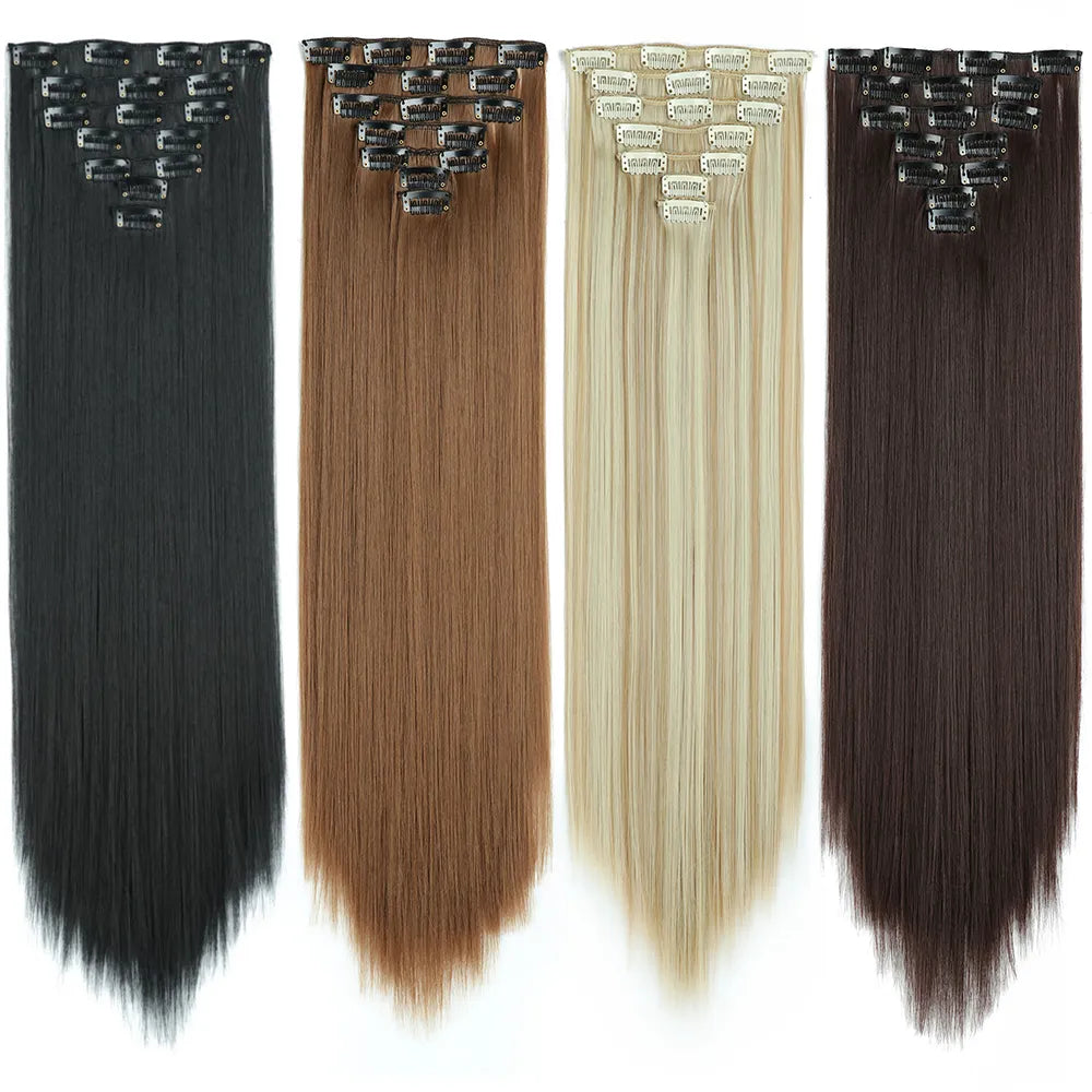 Extensions de Cheveux Synthétiques Longs et Lisses, Postiches Blondes Noires, Faux Cheveux, 24 Pouces, 16 Clips