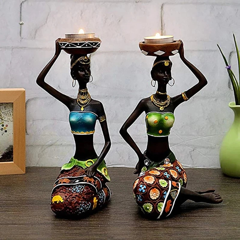 African Art Statuette, 8.5 Inch African Candle Holders, Table Decor, Desk Decor, Dining Room Decoration, Resin Candle Holders, Vintage Candlestick