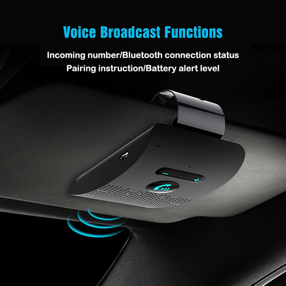 Bluetooth 5.0 Handsfree Car Kit, HIFI Speakerphone, 2W Wireless Audio Receiver, MP3 Music Player, Noise Cancelling, Sun Visor Clip 