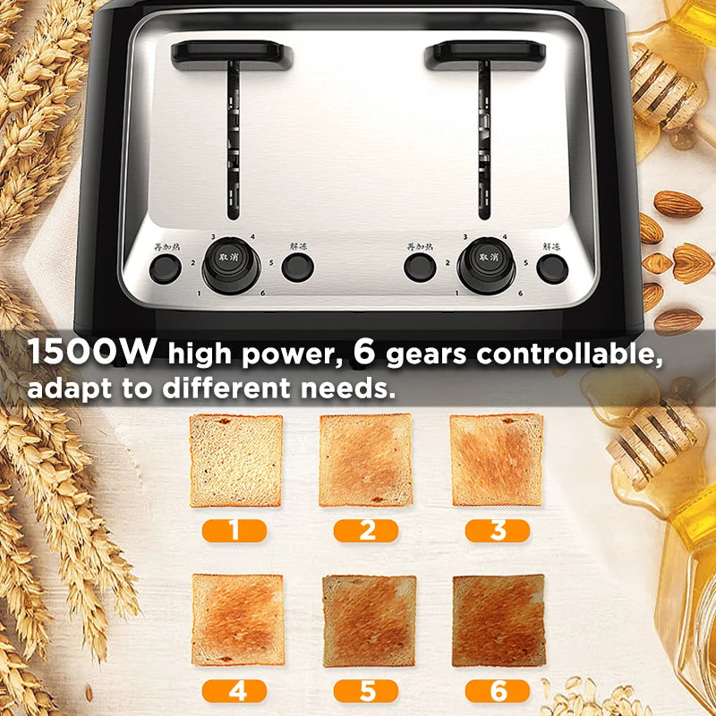 Stainless Steel Electric Toaster for Home Automatic Toaster Breakfast 4 Slice Toaster 