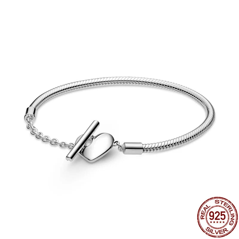 Genuine 925 Sterling Silver Bracelet for Women, Original Bracelets, Bead Charms, DIY Jewelry Gift, Heart, Fashion, 3mm 