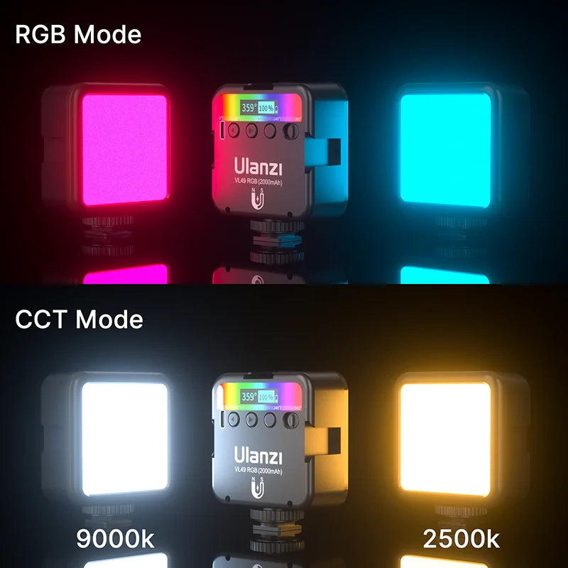 Full Color RGB LED Video Light 2500K-9000K 800 LUX Magnetic Mini Fill 3 (Cold Shoe) 2000mAh Type-C 