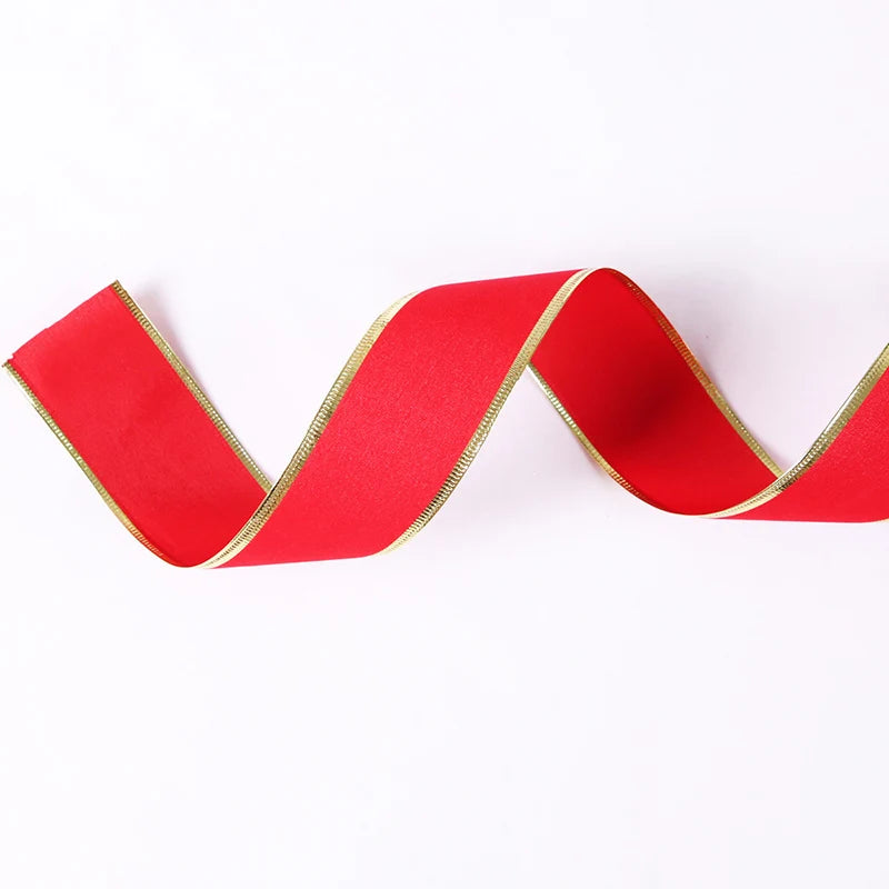Ruban de décorations d'arbre de noël rouge 10M, rubans avec fil de fer rubans à bords dorés p