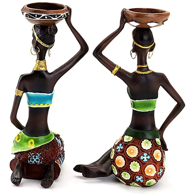 African Art Statuette, 8.5 Inch African Candle Holders, Table Decor, Desk Decor, Dining Room Decoration, Resin Candle Holders, Vintage Candlestick