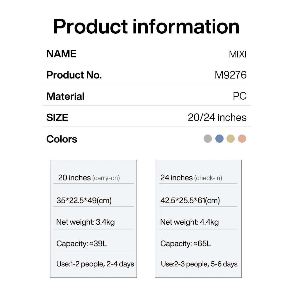 Valise Mixi M9276 – Bagage rigide à roulettes avec poignée large, PC, serrure TSA, 20 et 24 pouces, unisexe