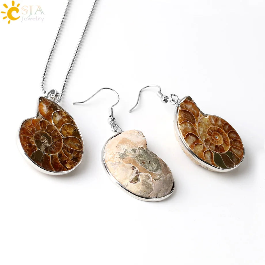 Natural and Unique Ammonia Jewelry Set Pendants Necklaces Shells Snail Spiral Earrings E392