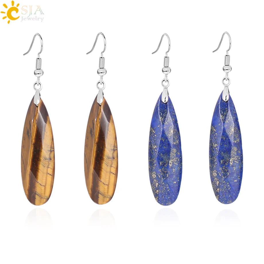 Natural Stone Earrings, Women's Dangle Earrings, Long, Multi-faceted Cut Pendant Tiger's Eye Lava Crystal Geometry Drop Earrings 