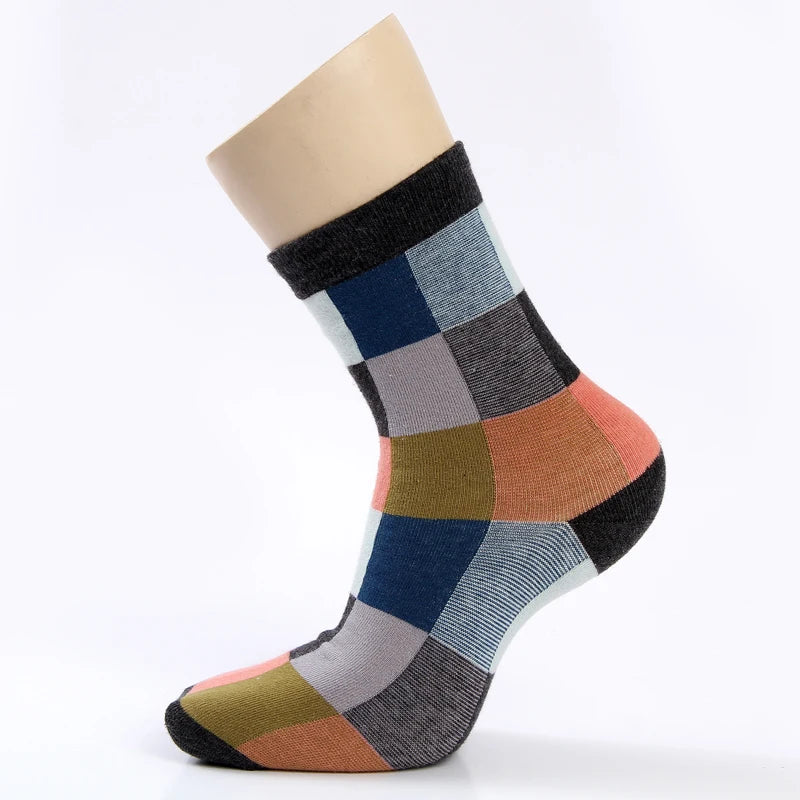 Chaussettes pour hommes, en coton peigné, plusieurs couleurs, lot à la mode quadrillé carré, taille de 39-45 -5 paires-