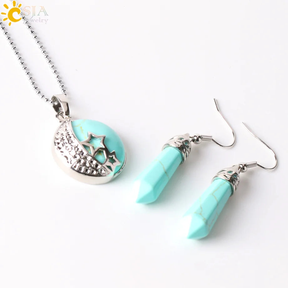 Classic Summer Love Crystal Beach Jewelry Set Moon Stars Natural Purple Stone Pendants Necklace Drop Earring E385