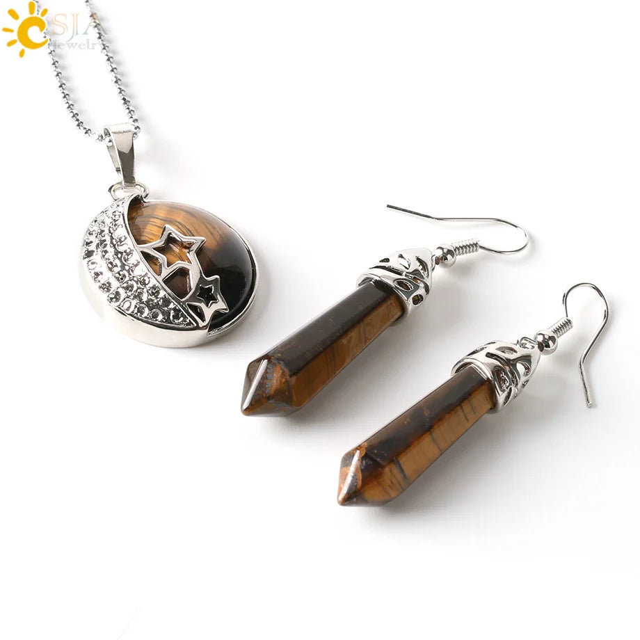 Ensemble de bijoux de plage en cristal, classique, amour d'été, lune, étoiles, pendentifs en pierre violette naturelle, collier, goutte, boucle d'oreille E385