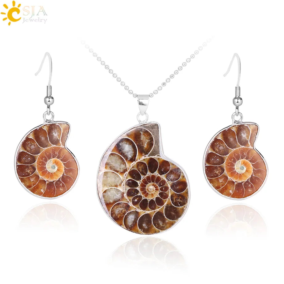 Natural and Unique Ammonia Jewelry Set Pendants Necklaces Shells Snail Spiral Earrings E392