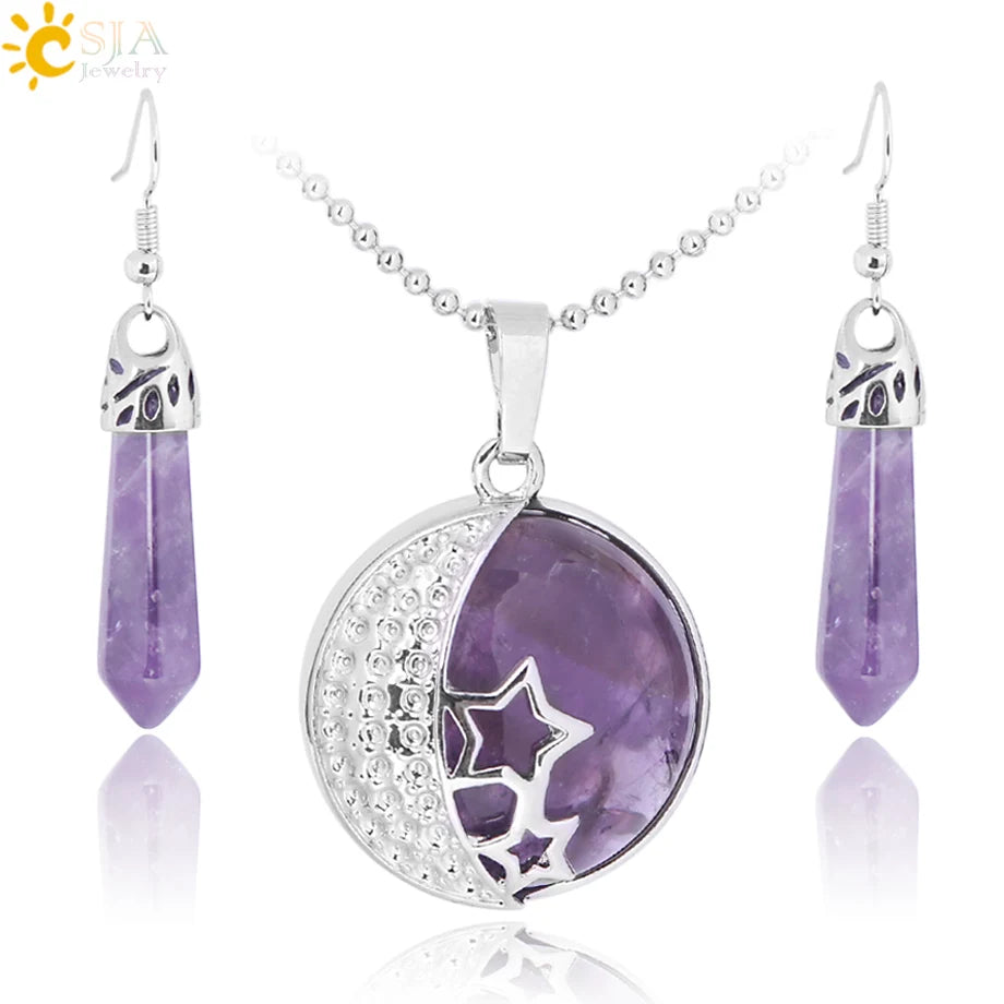 Classic Summer Love Crystal Beach Jewelry Set Moon Stars Natural Purple Stone Pendants Necklace Drop Earring E385