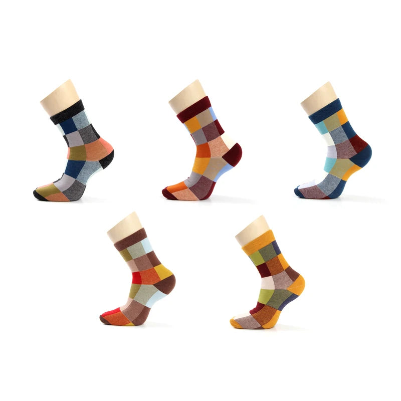 Chaussettes pour hommes, en coton peigné, plusieurs couleurs, lot à la mode quadrillé carré, taille de 39-45 -5 paires-